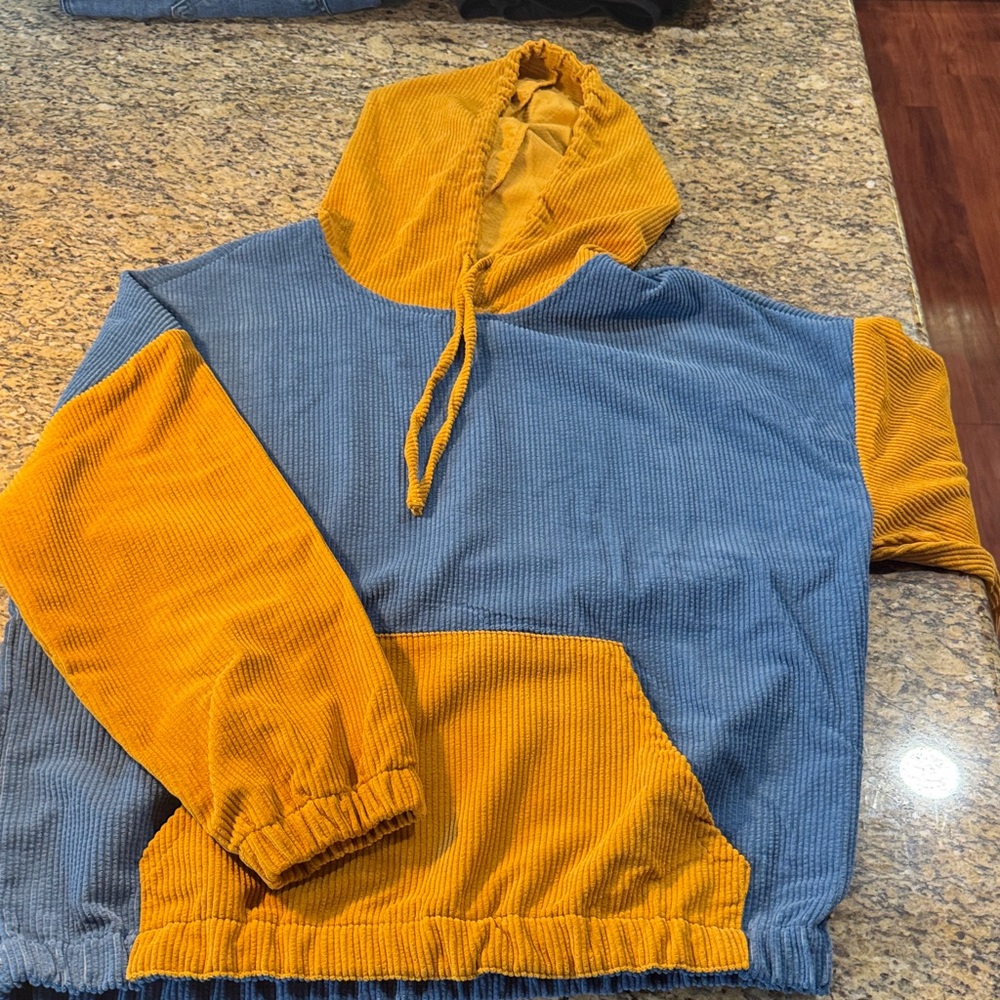 Chamkp Yellow and Blue Hooded textured Sweatshirt